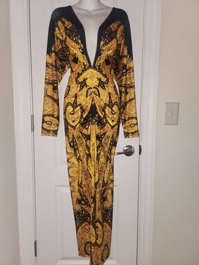 Deep V Black and Gold Printed Long Sleeve Maxi Dress